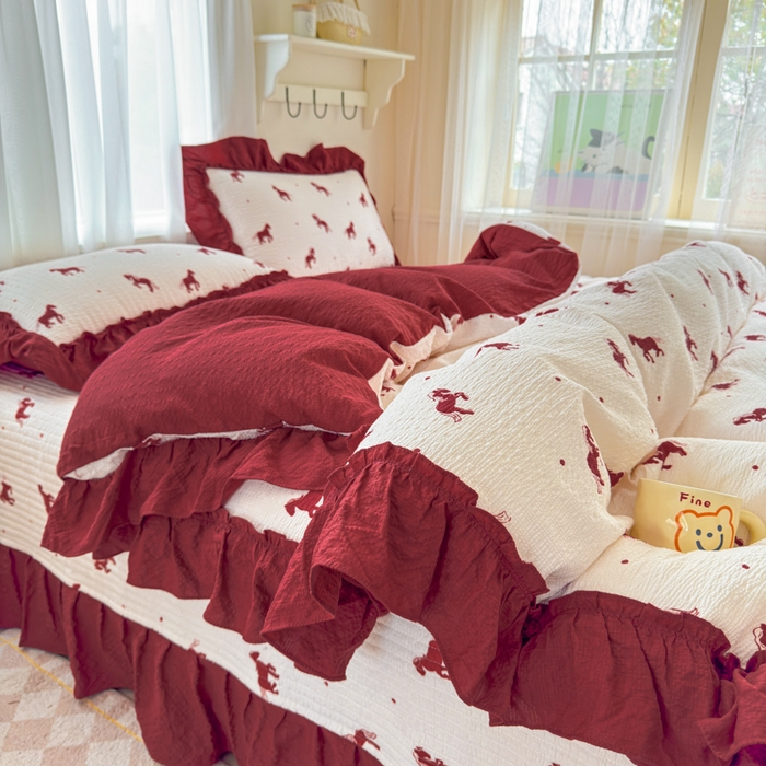 91家纺网 家纺一手货源 找家纺 仟网汇 2026新款法式花边泡芙纱双层纱床单床盖夏被夏凉被空调被四件套密拷花边款 马到成功