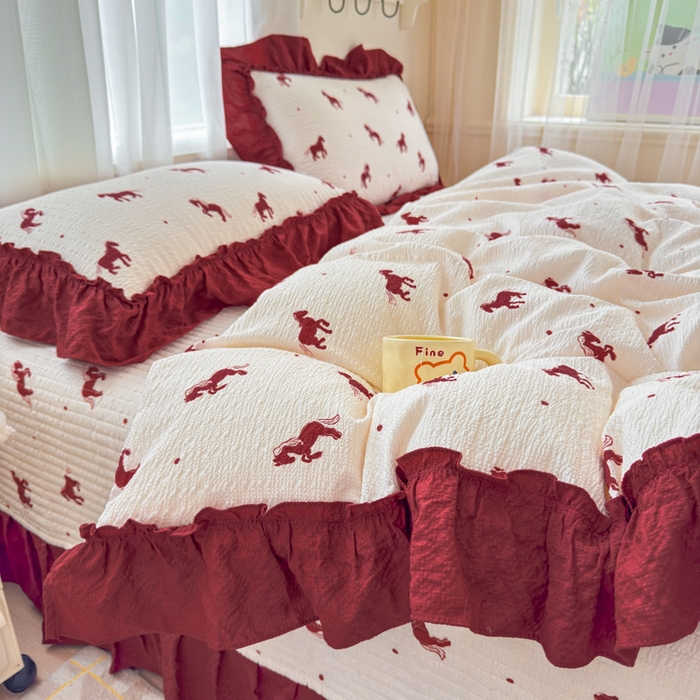 91家纺网 家纺一手货源 找家纺 仟网汇 2026新款法式花边泡芙纱双层纱床单床盖夏被夏凉被空调被四件套密拷花边款 马到成功