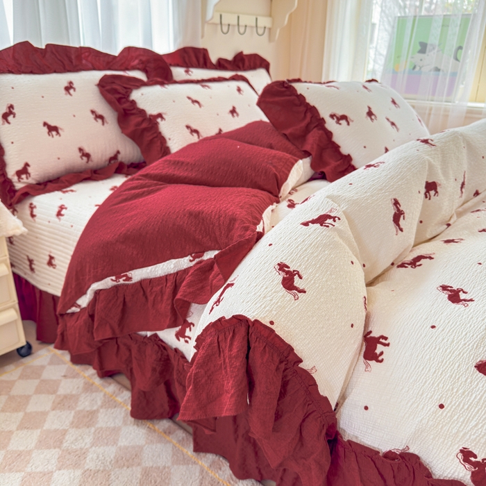 91家纺网 家纺一手货源 找家纺 仟网汇 2026新款法式花边泡芙纱双层纱床单床盖夏被夏凉被空调被四件套密拷花边款 马到成功