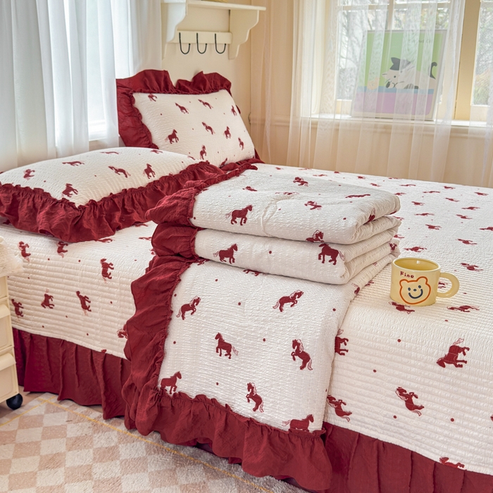 91家纺网 家纺一手货源 找家纺 仟网汇 2026新款法式花边泡芙纱双层纱床单床盖夏被夏凉被空调被四件套密拷花边款 马到成功