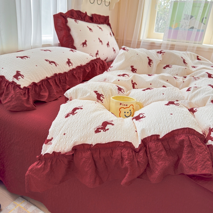 91家纺网 家纺一手货源 找家纺 仟网汇 2026新款法式花边泡芙纱双层纱床单床盖夏被夏凉被空调被四件套密拷花边款 马到成功