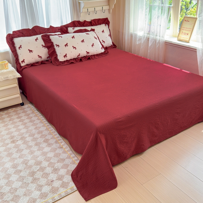 91家纺网 家纺一手货源 找家纺 仟网汇 2026新款法式花边泡芙纱双层纱床单床盖夏被夏凉被空调被四件套密拷花边款 马到成功