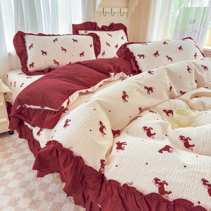 91家纺网 家纺一手货源 找家纺 仟网汇 2026新款法式花边泡芙纱双层纱床单床盖夏被夏凉被空调被四件套密拷花边款 马到成功