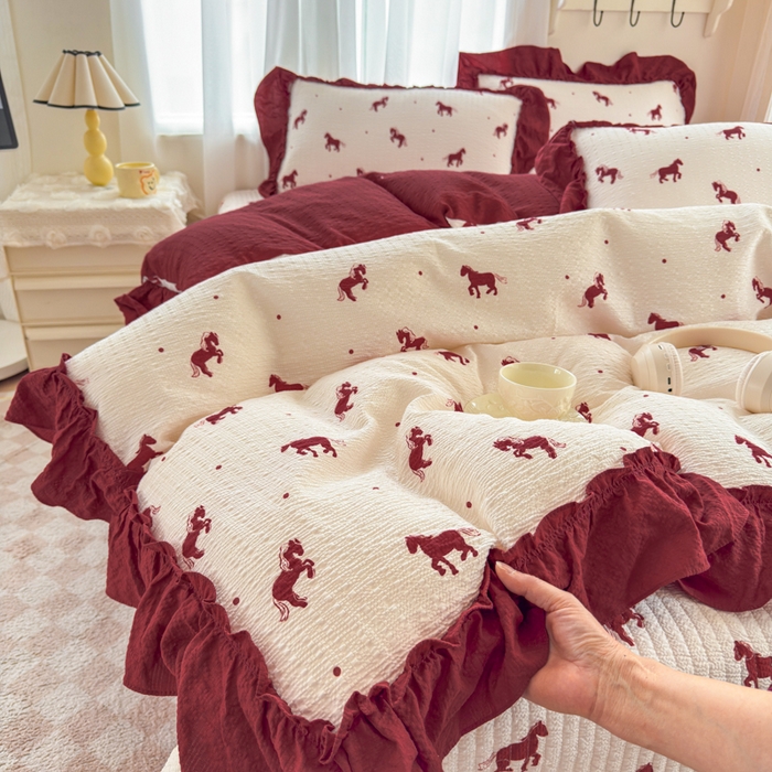 91家纺网 家纺一手货源 找家纺 仟网汇 2026新款法式花边泡芙纱双层纱床单床盖夏被夏凉被空调被四件套密拷花边款 马到成功