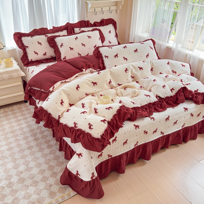 91家纺网 家纺一手货源 找家纺 仟网汇 2026新款法式花边泡芙纱双层纱床单床盖夏被夏凉被空调被四件套密拷花边款 马到成功