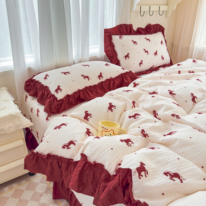 91家纺网 家纺一手货源 找家纺 仟网汇 2026新款法式花边泡芙纱双层纱床单床盖夏被夏凉被空调被四件套密拷花边款 马到成功