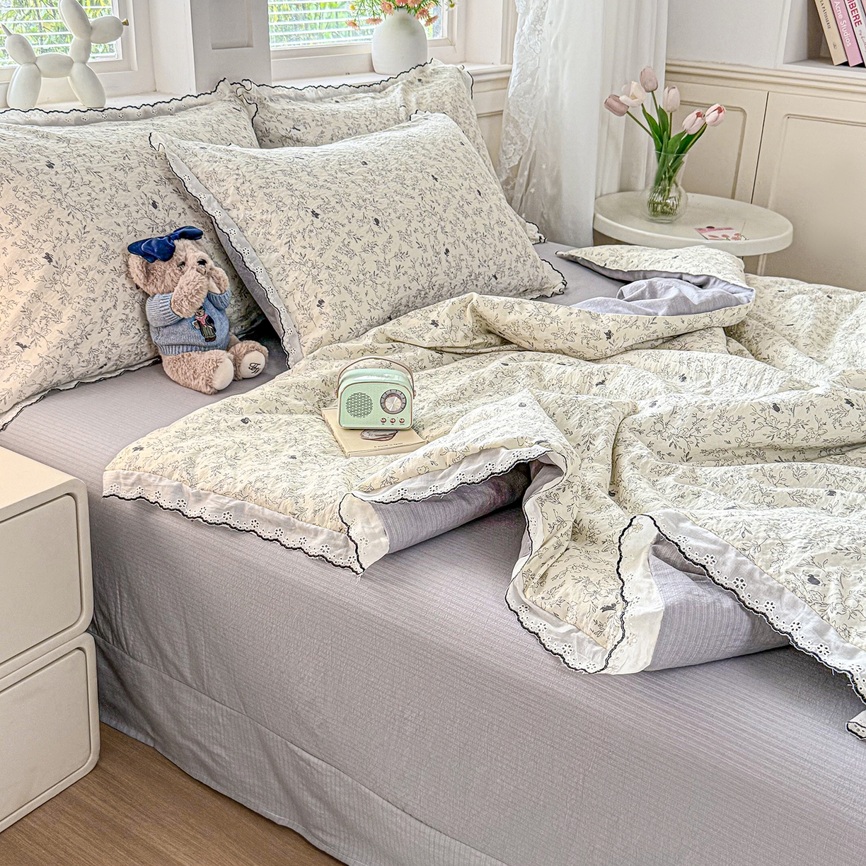 梦纤绒 2026新款法式全棉花边夏被夏凉被空调被四件套 花园兔