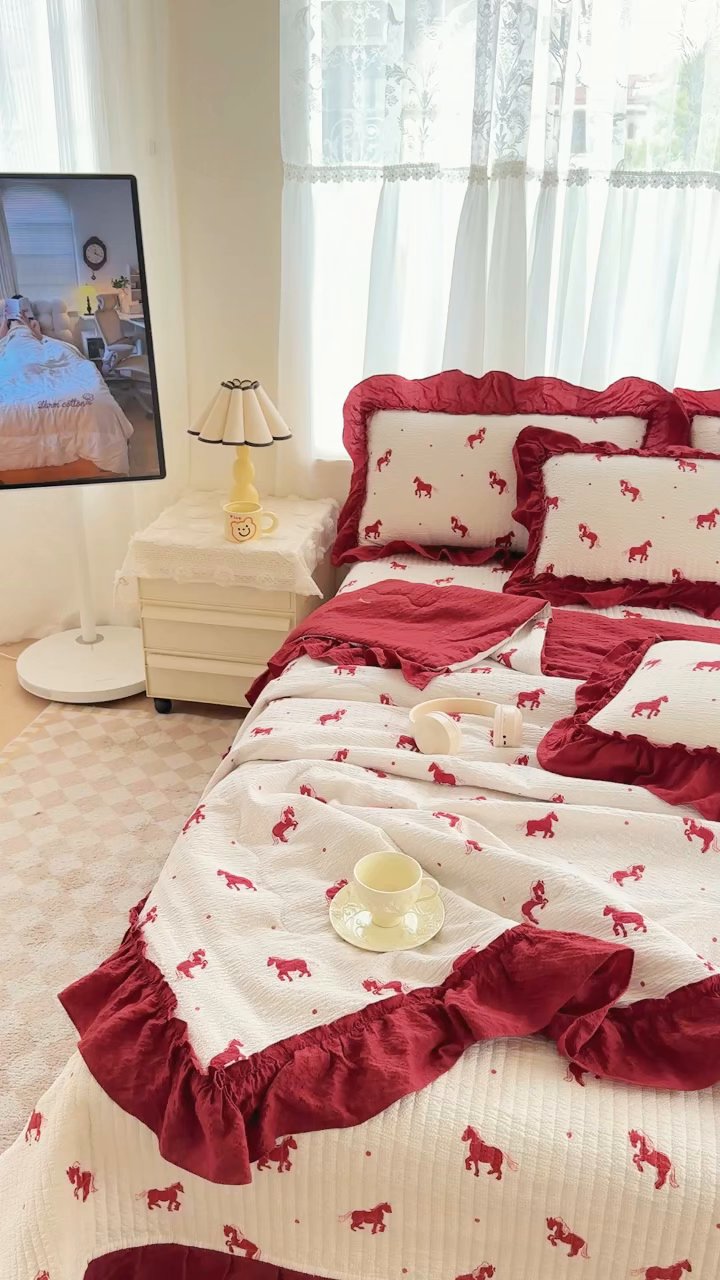 91家纺网 家纺一手货源 找家纺 仟网汇 2026新款法式花边泡芙纱双层纱床单床盖夏被夏凉被空调被四件套密拷花边款 马到成功