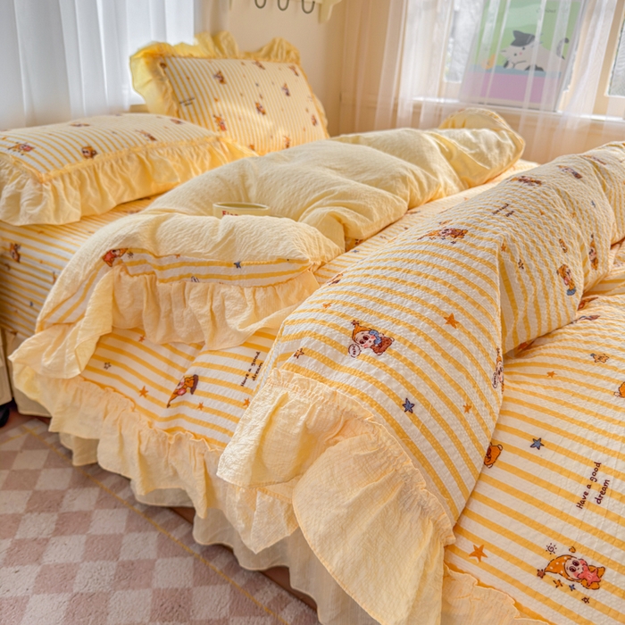 仟网汇 2026新款法式花边泡芙纱双层纱床单床盖夏被夏凉被空调被四件套密拷花边款 梦幻星人