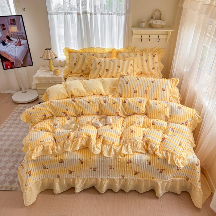 91家纺网 家纺一手货源 找家纺 仟网汇 2026新款法式花边泡芙纱双层纱床单床盖夏被夏凉被空调被四件套密拷花边款 梦幻星人