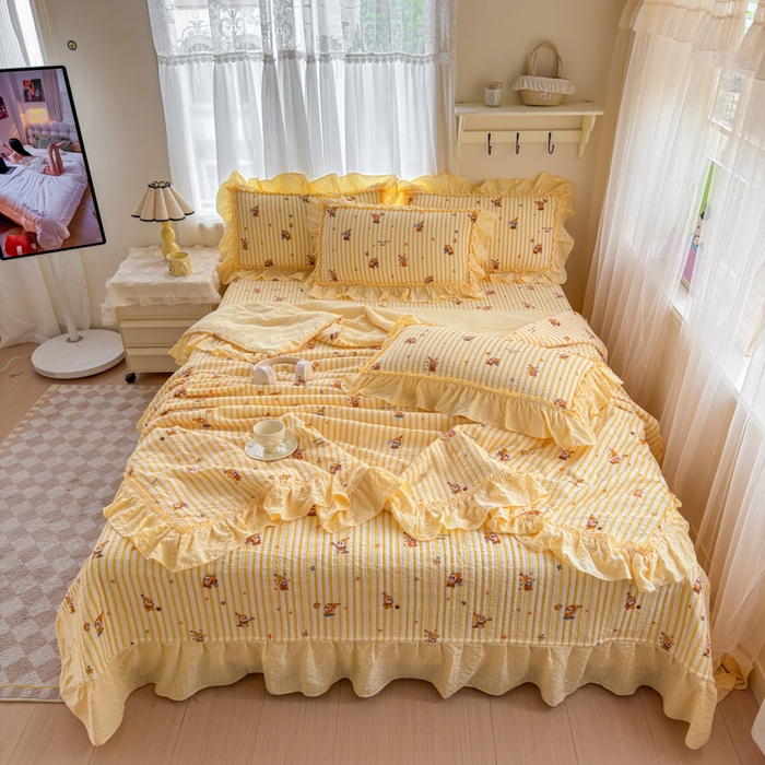 91家纺网 家纺一手货源 找家纺 仟网汇 2026新款法式花边泡芙纱双层纱床单床盖夏被夏凉被空调被四件套密拷花边款 梦幻星人