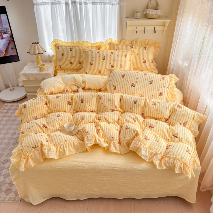 91家纺网 家纺一手货源 找家纺 仟网汇 2026新款法式花边泡芙纱双层纱床单床盖夏被夏凉被空调被四件套密拷花边款 梦幻星人