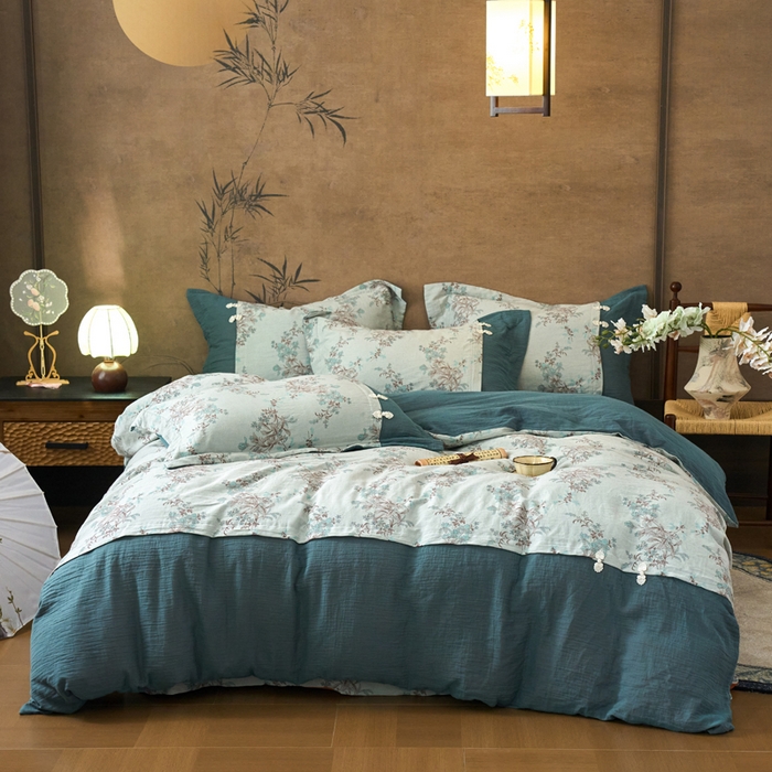 91家纺网 家纺一手货源 找家纺 （总）春皖家纺 2026新款全棉提花双层纱盘扣四件套-旗袍风系列