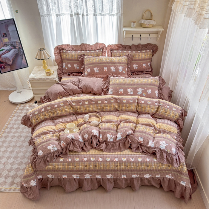 91家纺网 家纺一手货源 找家纺 仟网汇 2026新款法式花边泡芙纱双层纱床单床盖夏被夏凉被空调被四件套密拷花边款 奶糖猫咪