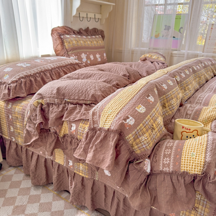 91家纺网 家纺一手货源 找家纺 仟网汇 2026新款法式花边泡芙纱双层纱床单床盖夏被夏凉被空调被四件套密拷花边款 奶糖猫咪