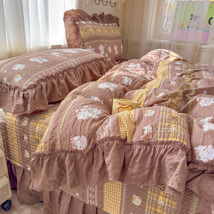 91家纺网 家纺一手货源 找家纺 仟网汇 2026新款法式花边泡芙纱双层纱床单床盖夏被夏凉被空调被四件套密拷花边款 奶糖猫咪