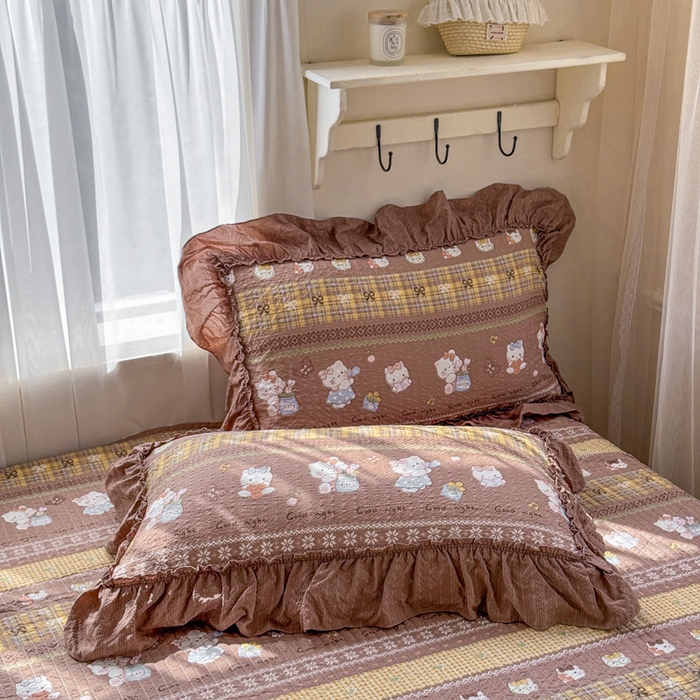 91家纺网 家纺一手货源 找家纺 仟网汇 2026新款法式花边泡芙纱双层纱床单床盖夏被夏凉被空调被四件套密拷花边款 奶糖猫咪