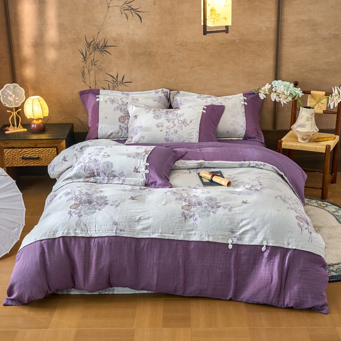 91家纺网 家纺一手货源 找家纺 （总）春皖家纺 2026新款全棉提花双层纱盘扣四件套-旗袍风系列