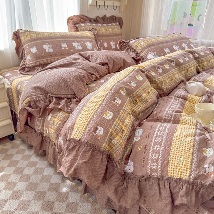 91家纺网 家纺一手货源 找家纺 仟网汇 2026新款法式花边泡芙纱双层纱床单床盖夏被夏凉被空调被四件套密拷花边款 奶糖猫咪