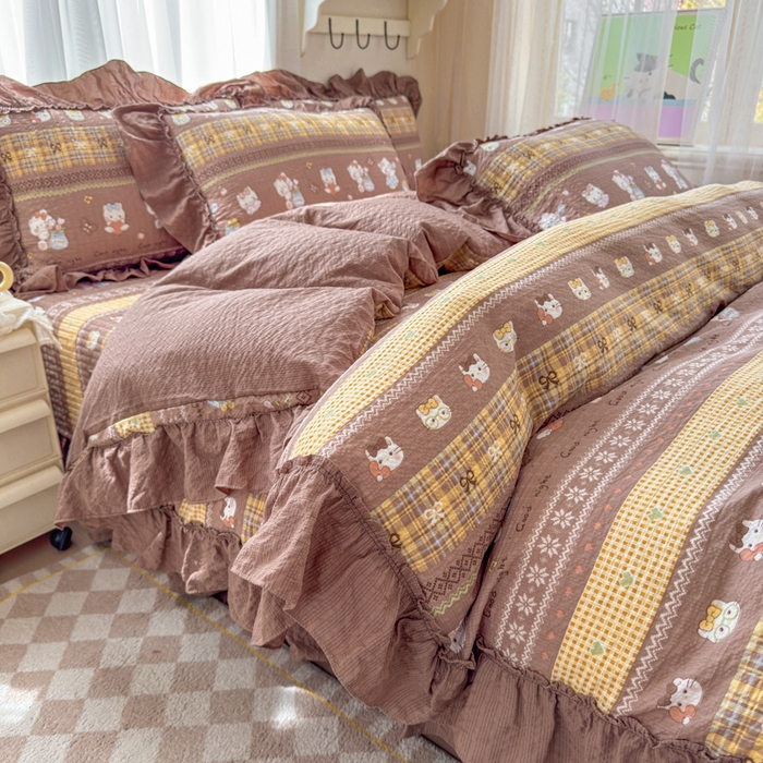 91家纺网 家纺一手货源 找家纺 仟网汇 2026新款法式花边泡芙纱双层纱床单床盖夏被夏凉被空调被四件套密拷花边款 奶糖猫咪