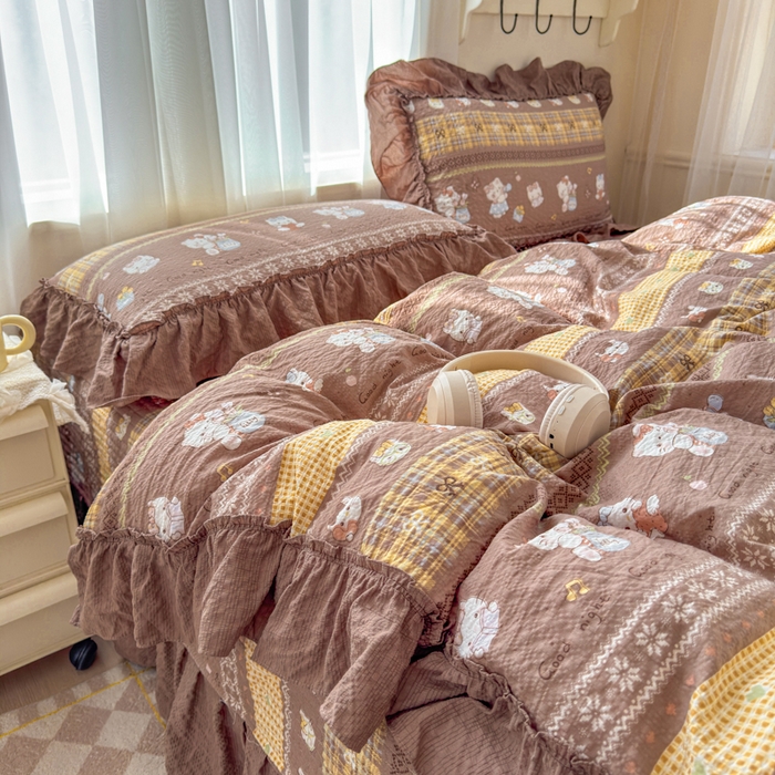 91家纺网 家纺一手货源 找家纺 仟网汇 2026新款法式花边泡芙纱双层纱床单床盖夏被夏凉被空调被四件套密拷花边款 奶糖猫咪