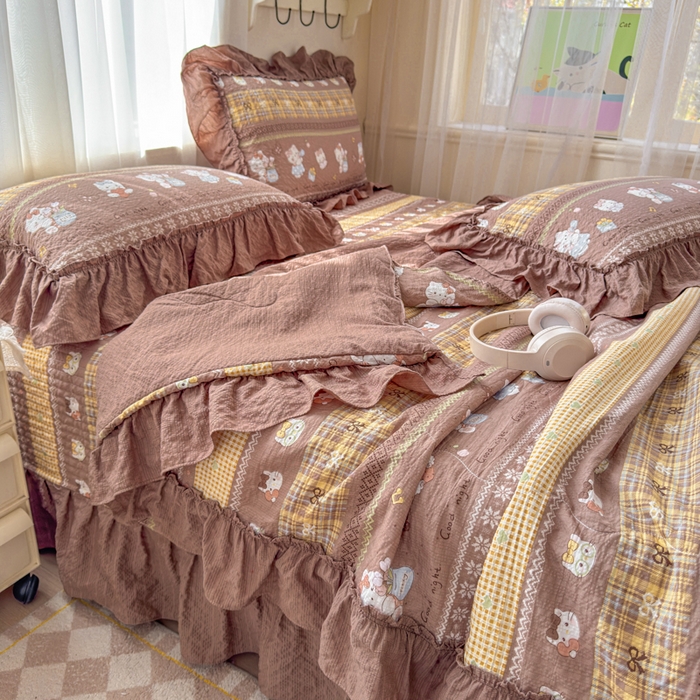 91家纺网 家纺一手货源 找家纺 仟网汇 2026新款法式花边泡芙纱双层纱床单床盖夏被夏凉被空调被四件套密拷花边款 奶糖猫咪