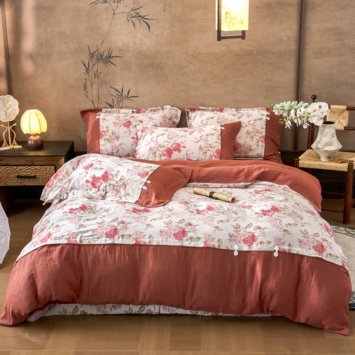 春皖家纺 2026新款全棉提花双层纱盘扣四件套-旗袍风系列 多子多福