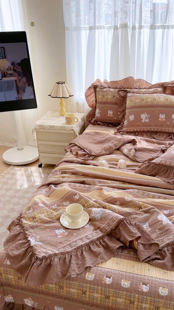 91家纺网 家纺一手货源 找家纺 仟网汇 2026新款法式花边泡芙纱双层纱床单床盖夏被夏凉被空调被四件套密拷花边款 奶糖猫咪