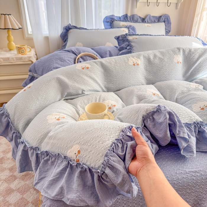 91家纺网 家纺一手货源 找家纺 仟网汇 2026新款法式花边泡芙纱双层纱床单床盖夏被夏凉被空调被四件套密拷花边款 小云朵