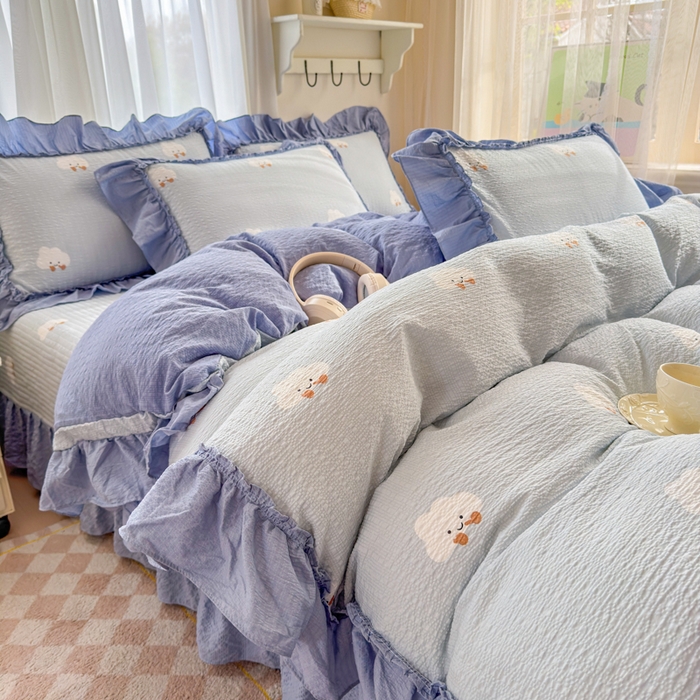91家纺网 家纺一手货源 找家纺 仟网汇 2026新款法式花边泡芙纱双层纱床单床盖夏被夏凉被空调被四件套密拷花边款 小云朵