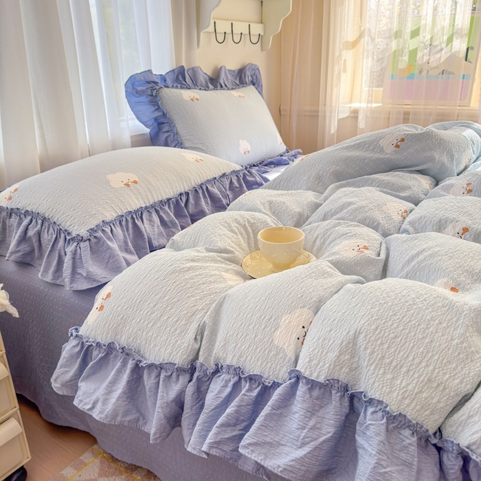91家纺网 家纺一手货源 找家纺 仟网汇 2026新款法式花边泡芙纱双层纱床单床盖夏被夏凉被空调被四件套密拷花边款 小云朵