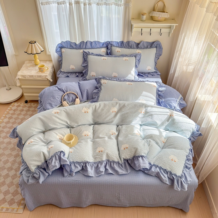 91家纺网 家纺一手货源 找家纺 仟网汇 2026新款法式花边泡芙纱双层纱床单床盖夏被夏凉被空调被四件套密拷花边款 小云朵