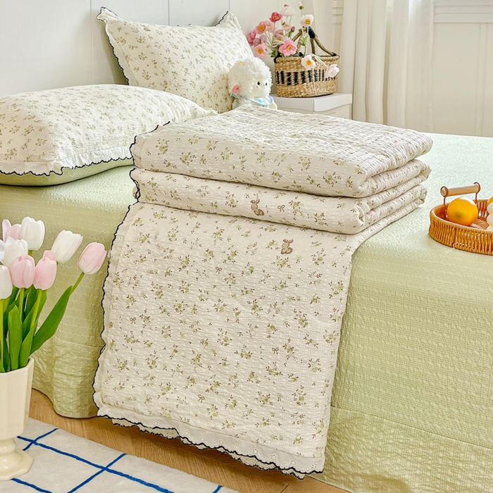 利禾 2026新款泡芙全棉小黑花边夏被四件套夏凉被空调被 绿叶初开-花边款