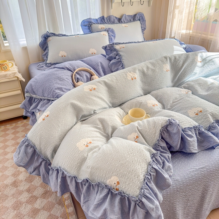 91家纺网 家纺一手货源 找家纺 仟网汇 2026新款法式花边泡芙纱双层纱床单床盖夏被夏凉被空调被四件套密拷花边款 小云朵