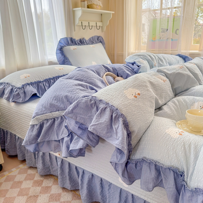 91家纺网 家纺一手货源 找家纺 仟网汇 2026新款法式花边泡芙纱双层纱床单床盖夏被夏凉被空调被四件套密拷花边款 小云朵