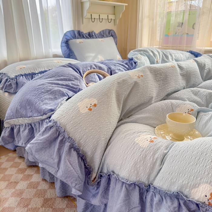 91家纺网 家纺一手货源 找家纺 仟网汇 2026新款法式花边泡芙纱双层纱床单床盖夏被夏凉被空调被四件套密拷花边款 小云朵