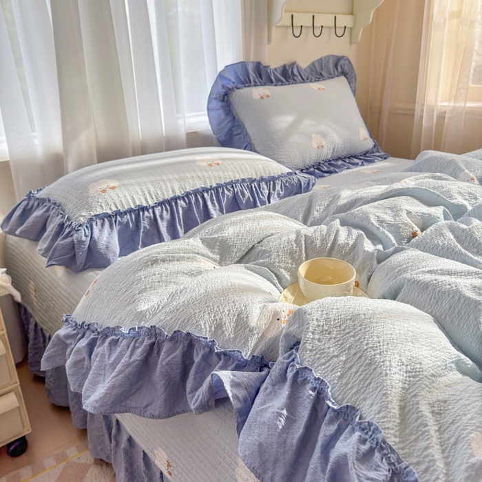 91家纺网 家纺一手货源 找家纺 仟网汇 2026新款法式花边泡芙纱双层纱床单床盖夏被夏凉被空调被四件套密拷花边款 小云朵