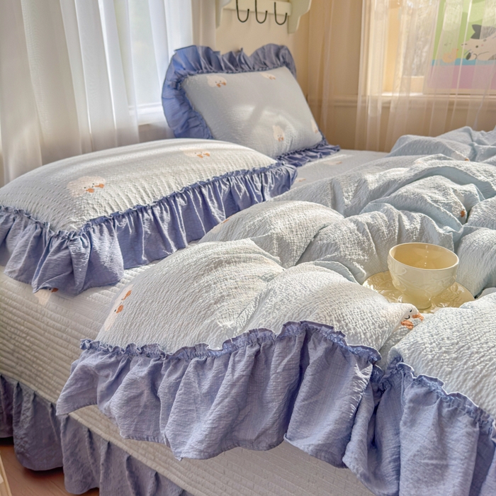 91家纺网 家纺一手货源 找家纺 仟网汇 2026新款法式花边泡芙纱双层纱床单床盖夏被夏凉被空调被四件套密拷花边款 小云朵