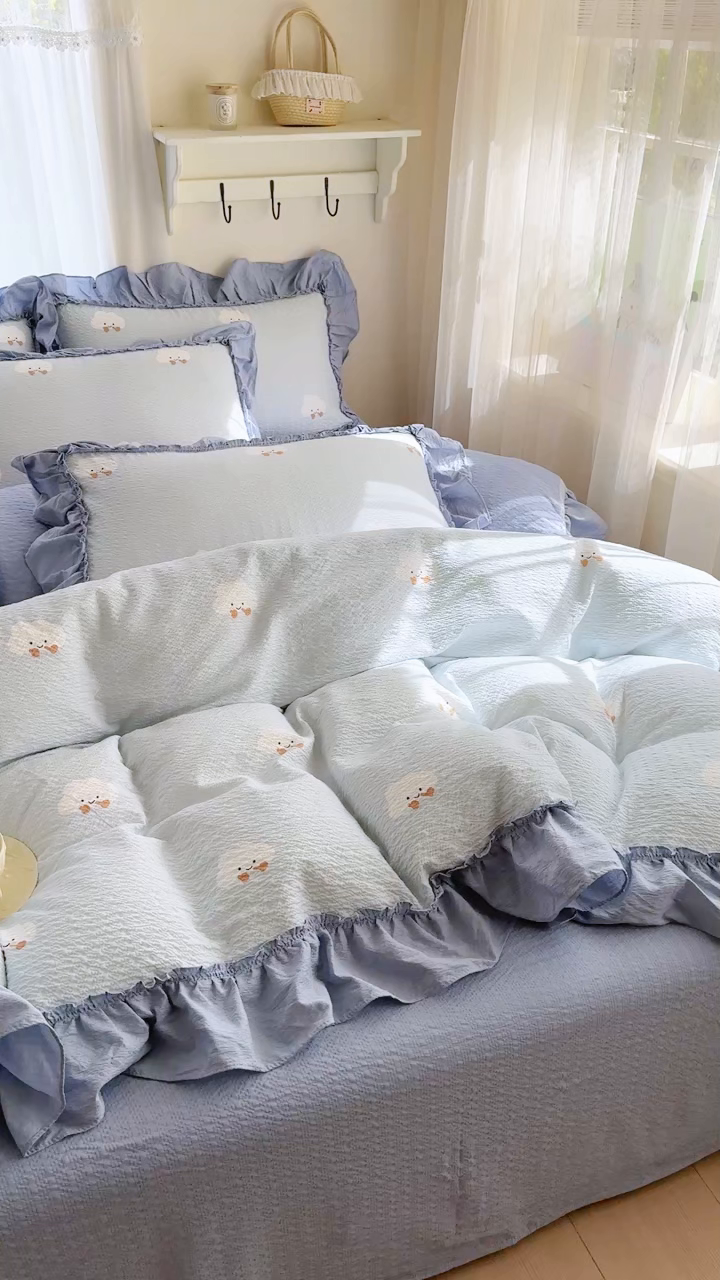 91家纺网 家纺一手货源 找家纺 仟网汇 2026新款法式花边泡芙纱双层纱床单床盖夏被夏凉被空调被四件套密拷花边款 小云朵