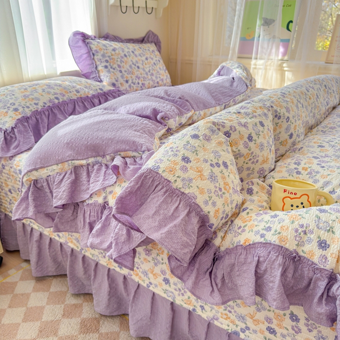 91家纺网 家纺一手货源 找家纺 仟网汇 2026新款法式花边泡芙纱双层纱床单床盖夏被夏凉被空调被四件套密拷花边款 紫罗兰