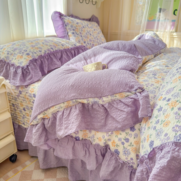 91家纺网 家纺一手货源 找家纺 仟网汇 2026新款法式花边泡芙纱双层纱床单床盖夏被夏凉被空调被四件套密拷花边款 紫罗兰