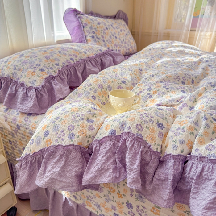 91家纺网 家纺一手货源 找家纺 仟网汇 2026新款法式花边泡芙纱双层纱床单床盖夏被夏凉被空调被四件套密拷花边款 紫罗兰