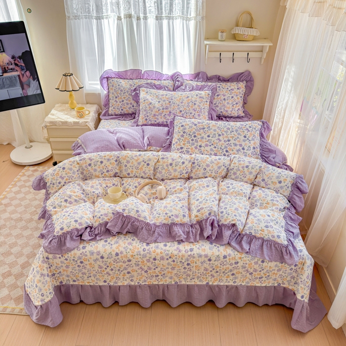 91家纺网 家纺一手货源 找家纺 仟网汇 2026新款法式花边泡芙纱双层纱床单床盖夏被夏凉被空调被四件套密拷花边款 紫罗兰