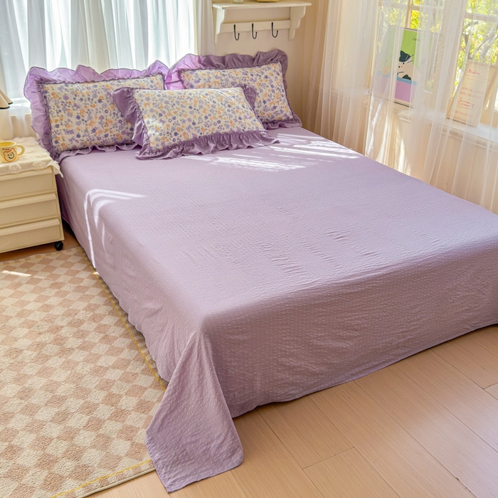 91家纺网 家纺一手货源 找家纺 仟网汇 2026新款法式花边泡芙纱双层纱床单床盖夏被夏凉被空调被四件套密拷花边款 紫罗兰