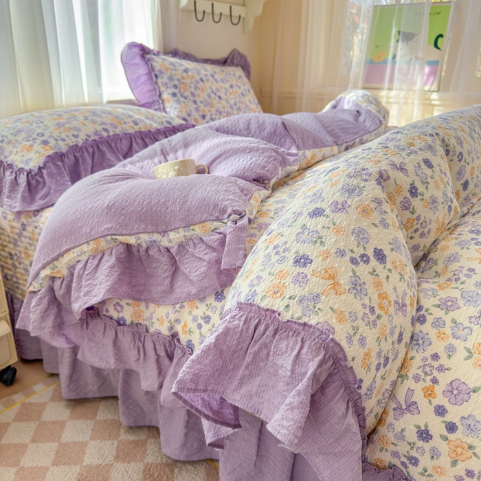 91家纺网 家纺一手货源 找家纺 仟网汇 2026新款法式花边泡芙纱双层纱床单床盖夏被夏凉被空调被四件套密拷花边款 紫罗兰