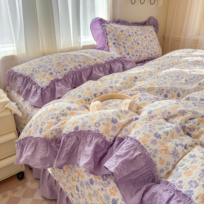 91家纺网 家纺一手货源 找家纺 仟网汇 2026新款法式花边泡芙纱双层纱床单床盖夏被夏凉被空调被四件套密拷花边款 紫罗兰