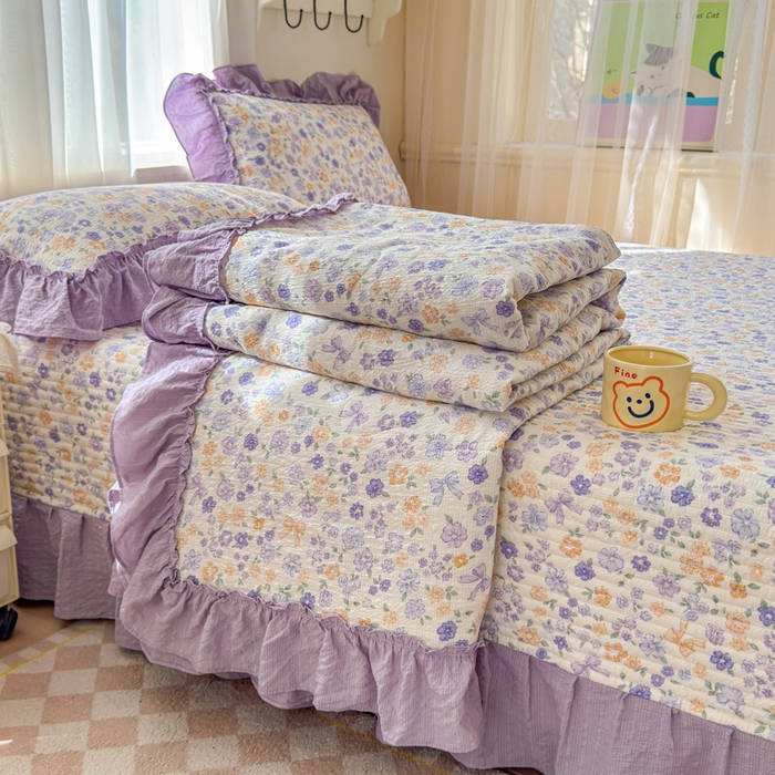 91家纺网 家纺一手货源 找家纺 仟网汇 2026新款法式花边泡芙纱双层纱床单床盖夏被夏凉被空调被四件套密拷花边款 紫罗兰