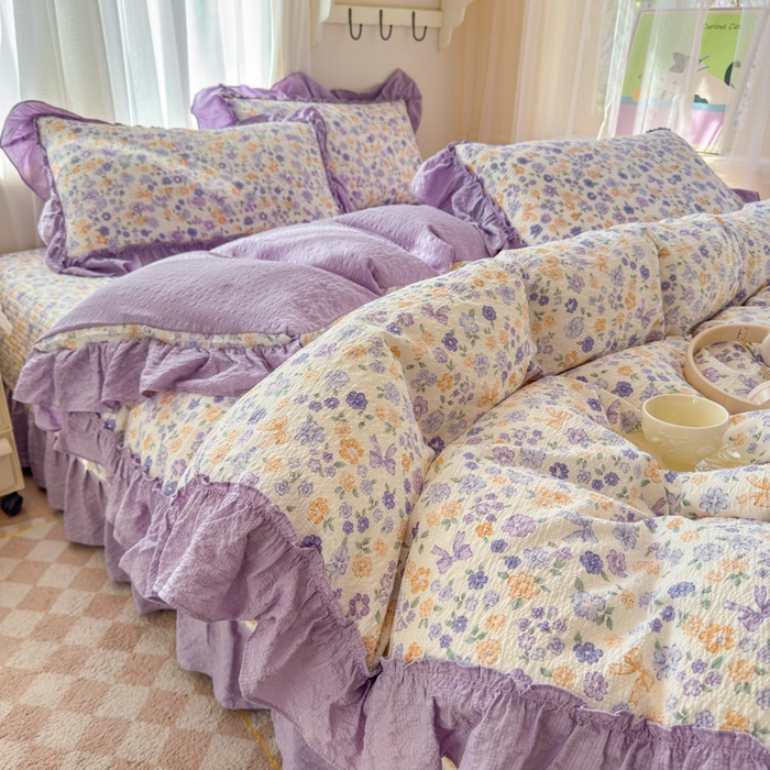 91家纺网 家纺一手货源 找家纺 仟网汇 2026新款法式花边泡芙纱双层纱床单床盖夏被夏凉被空调被四件套密拷花边款 紫罗兰