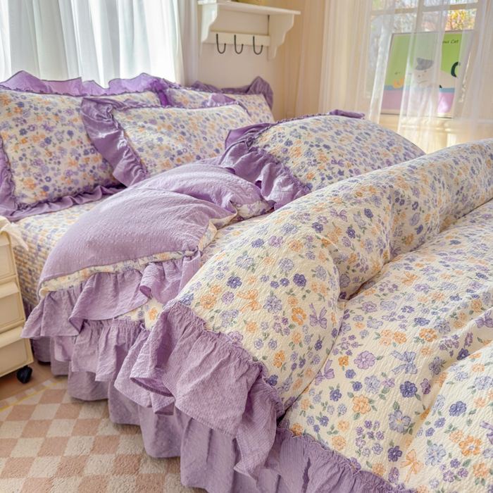 91家纺网 家纺一手货源 找家纺 仟网汇 2026新款法式花边泡芙纱双层纱床单床盖夏被夏凉被空调被四件套密拷花边款 紫罗兰