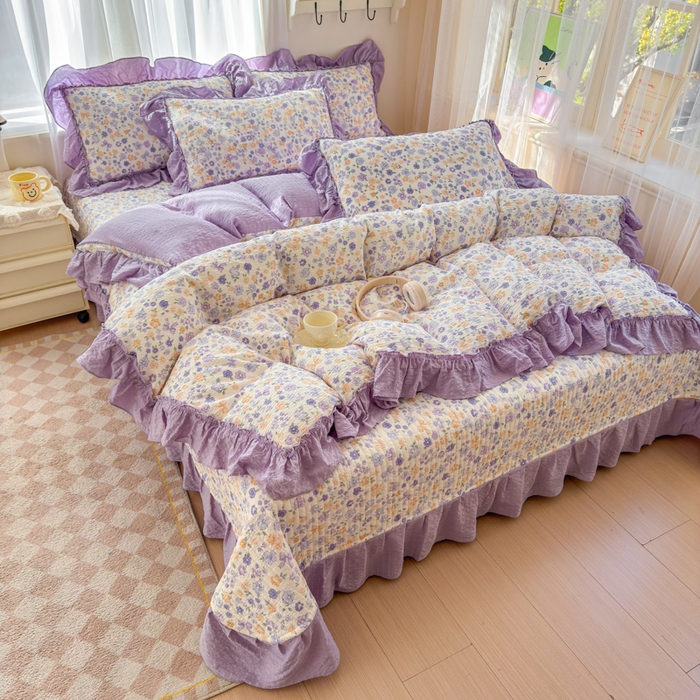 91家纺网 家纺一手货源 找家纺 仟网汇 2026新款法式花边泡芙纱双层纱床单床盖夏被夏凉被空调被四件套密拷花边款 紫罗兰